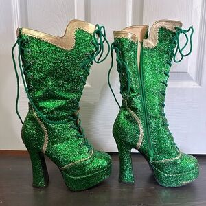 Bordello S7 green glitter and gold platform boots